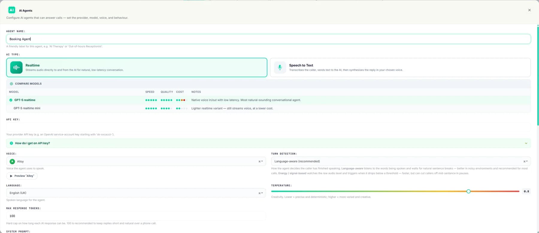 AI agents configuration modal — agent name, AI type, model comparison table, voice selector (Alloy), language (English UK), temperature slider.