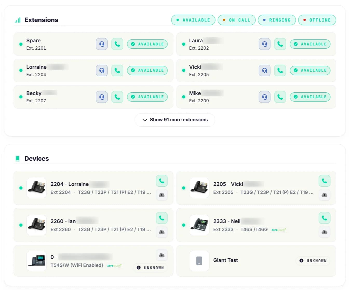 Live extensions panel — list of staff with availability dots, with a devices panel below showing registered Yealink handsets.