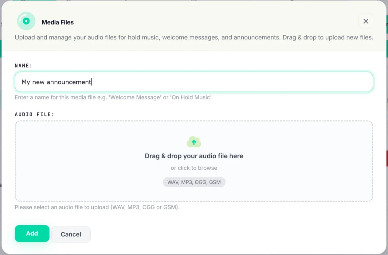 Media files upload modal — name field, drag-and-drop audio file zone, format hint (WAV, MP3, OGG, GSM).