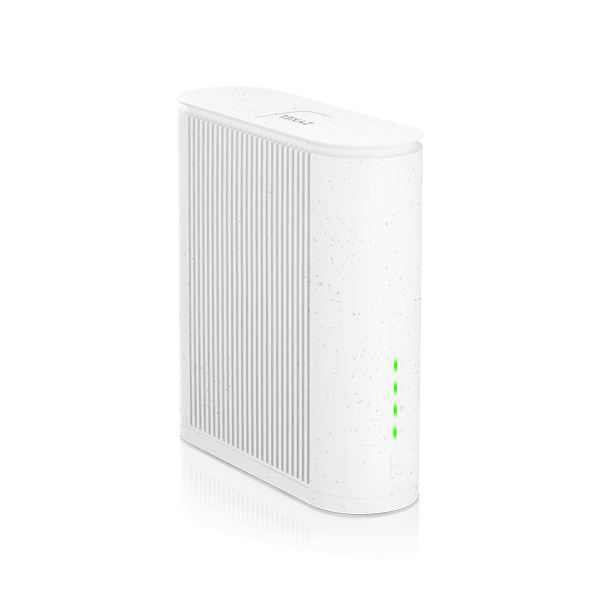 Zyxel EE5301 Wi-Fi 7 router, recycled-material casing with 10G WAN port and green status LEDs.