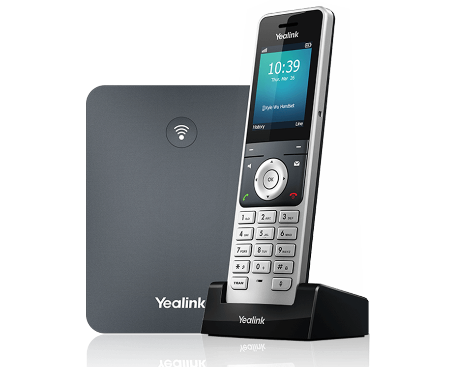 Yealink W76 base station + W56 DECT cordless handset, marketed for residential VoIP.