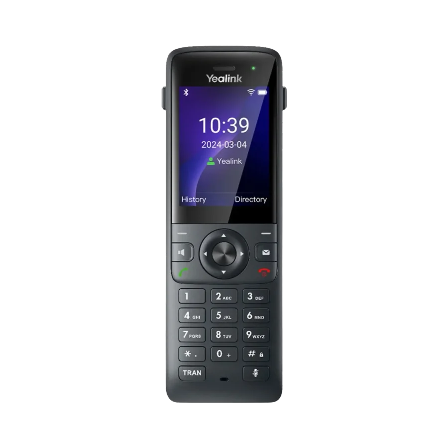 Yealink W78H DECT cordless handset — 2.4-inch colour display, Bluetooth + Wi-Fi indicators, physical keypad.
