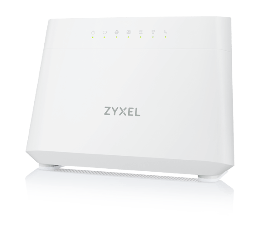 Zyxel DX3301 Wi-Fi 6 router, white wedge casing with green status LEDs.